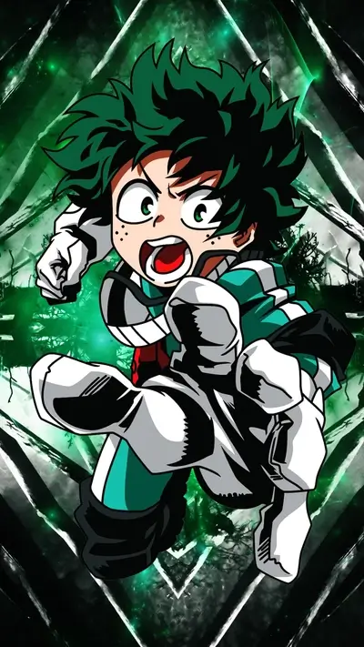 Dynamic action shot of Izuku Midoriya (Deku) in his hero costume
