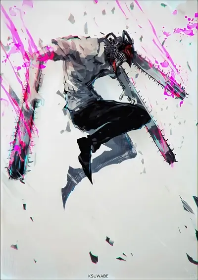 Dynamic chainsaw wielding figure with vibrant pink accents, action-packed scene