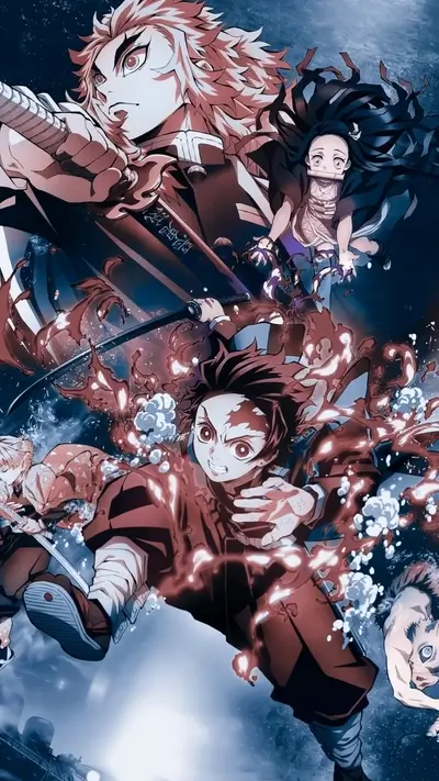 Dynamic composition featuring Tanjiro Kamado Rengoku Nezuko Zenitsu and Inosuke in battle