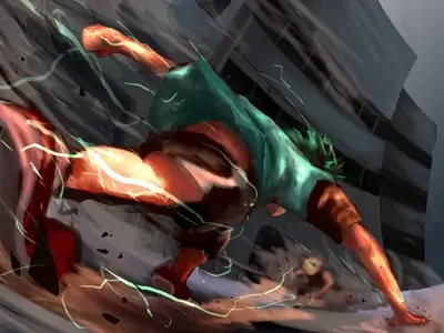 Dynamic pose, intense action, speed lines, urban background