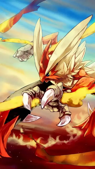 Dynamic shot of a Mega Blaziken, poised for action in a swirl of flames and sky
