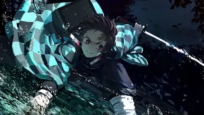 Dynamic sword action with water effects in a night forest