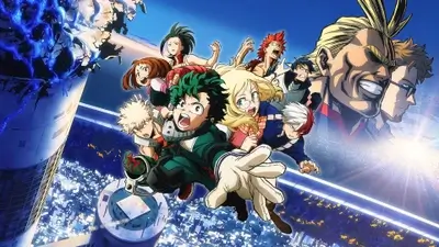 Dynamic team of heroes above futuristic city, powerful action
