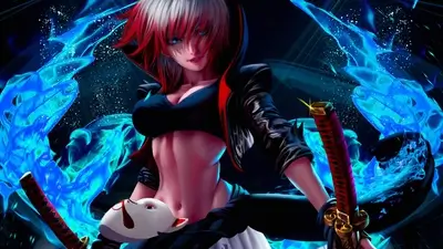 Edgy swordswoman with striking hair and mystical flames