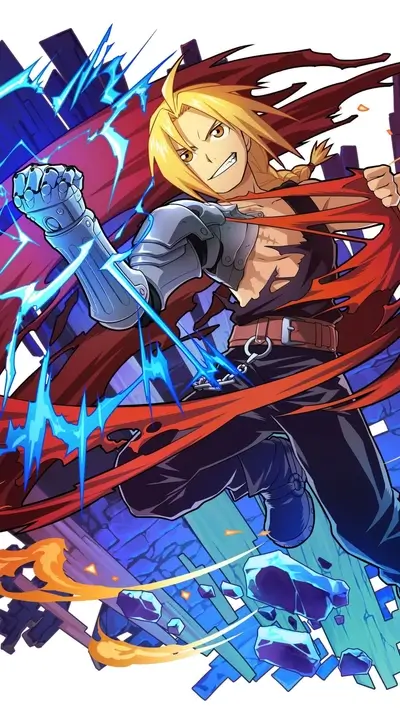 Edward Elric striking dynamic pose, full of energy, metallic arm shining