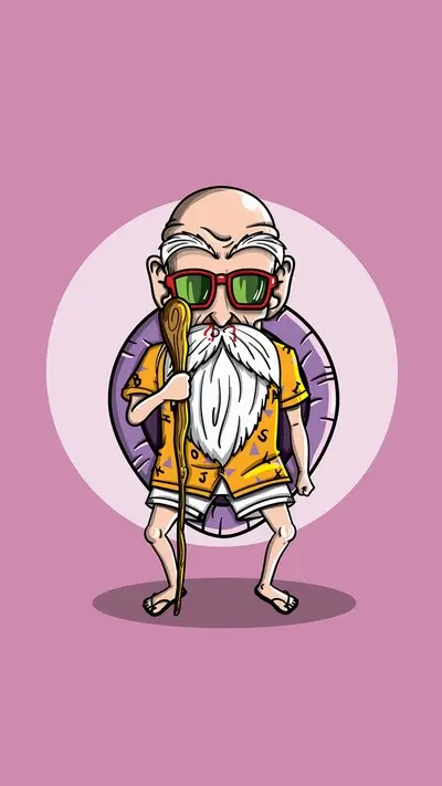 Elderly, bald martial artist wearing a Hawaiian shirt and swim ring, holding staff