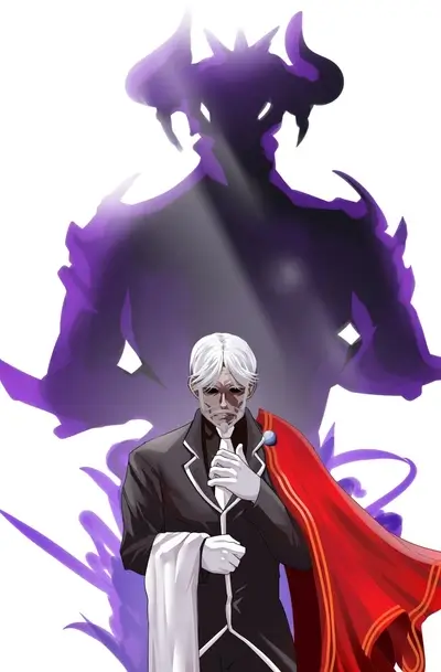 Elderly man in formal wear, a shadowy demonic figure behind him
