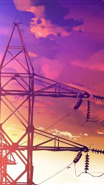 Electric tower against vibrant sunset sky