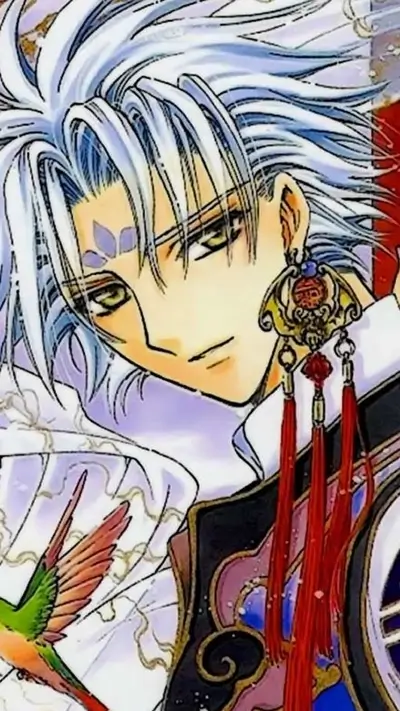 Elegant anime character with white hair, elaborate earring, bird and intense gaze.