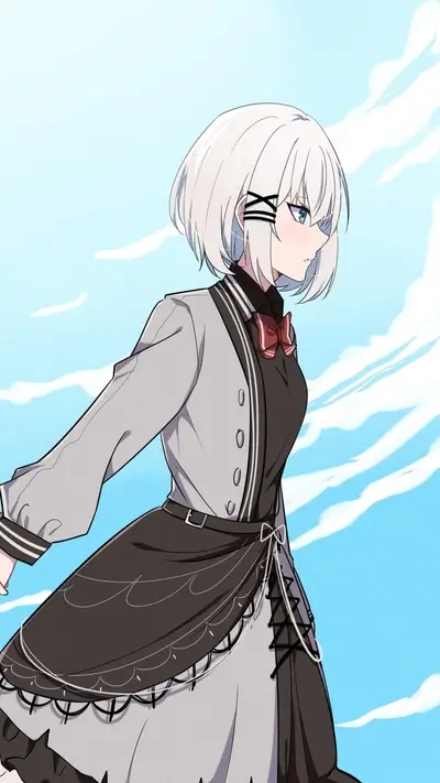 Elegant anime girl gazes towards horizon with determined look