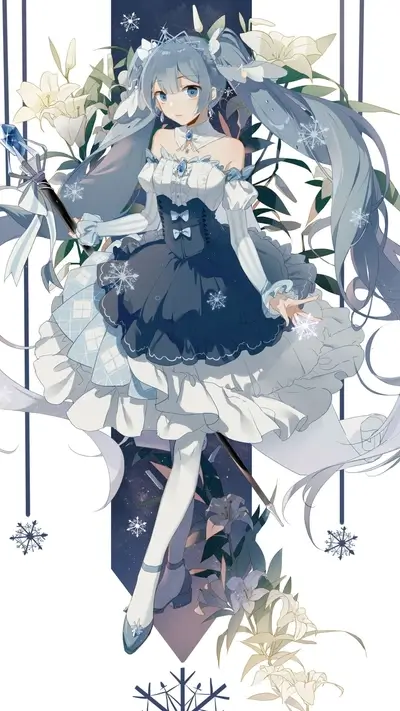 Elegant anime girl in winter dress, holding a staff