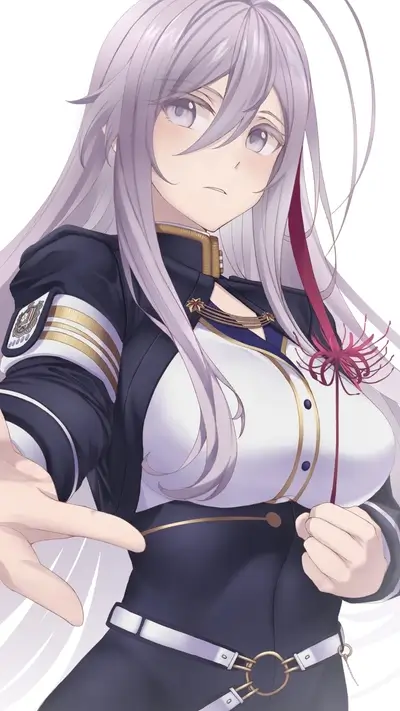 Elegant anime girl portrait in formal attire, reaching out with a slight frown