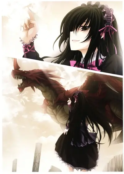 Elegant anime girl with black hair and red dragon near ancient pillars