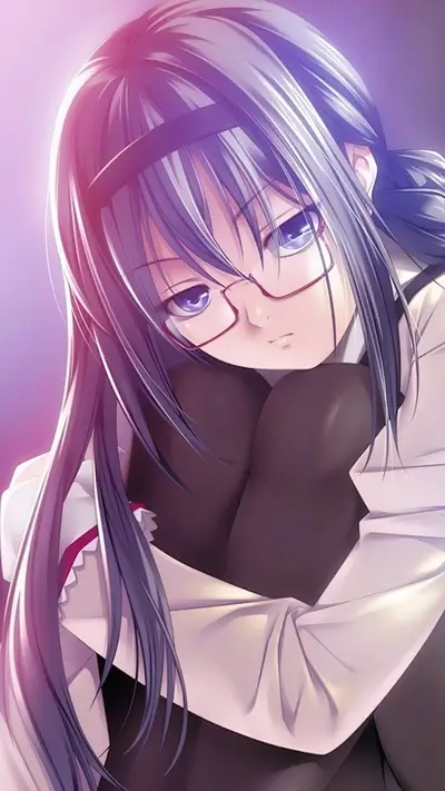 Elegant anime girl with dark hair, glasses