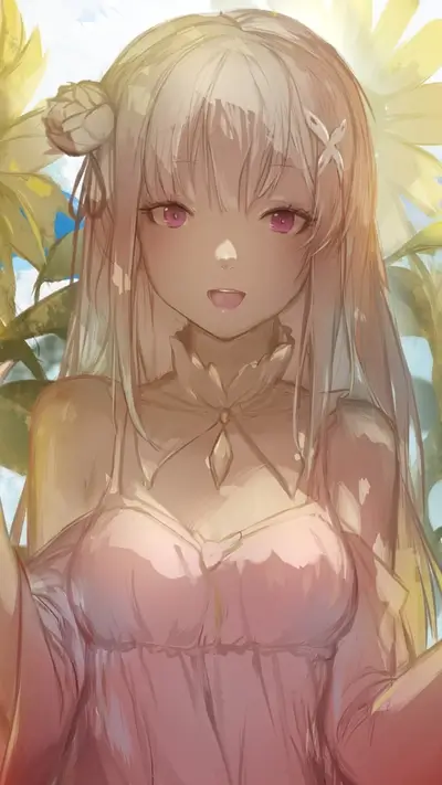 Elegant anime girl with white hair and pink eyes surrounded by sunflowers