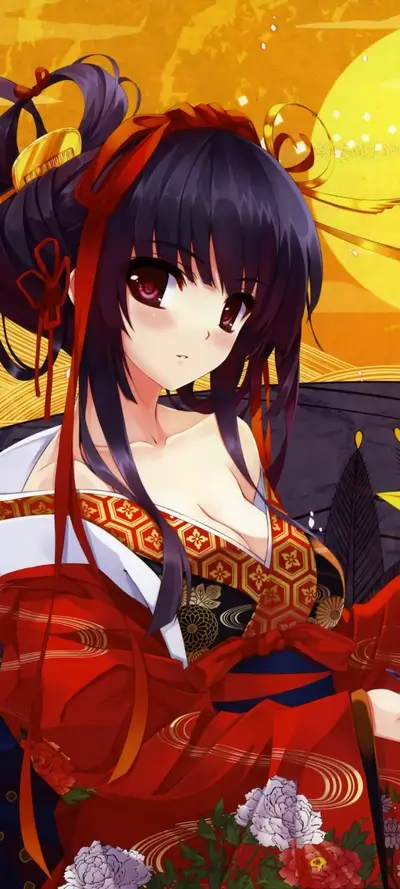 Elegant anime woman with dark hair in a red kimono