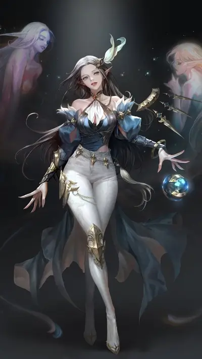 Elegant elf sorceress holding a glowing orb