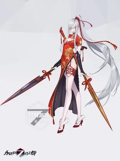 Elegant female warrior in red Chinese dress wielding twin spears