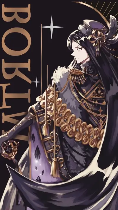 Elegant figure in dark attire with gold accents