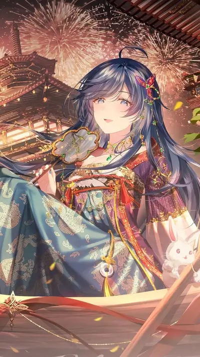 Elegant girl in traditional clothing enjoying fireworks