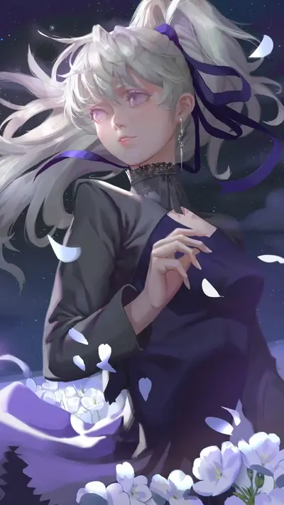 Elegant girl with white hair, dark dress, and white flowers