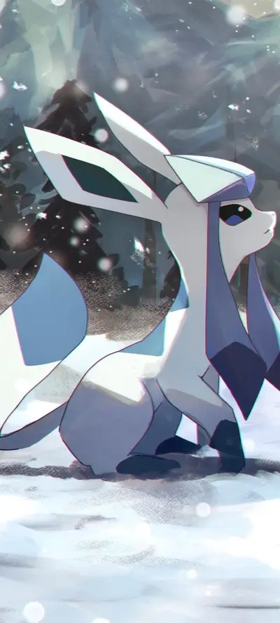 Elegant ice-type Pokémon gracefully rests in a serene, snowy forest setting