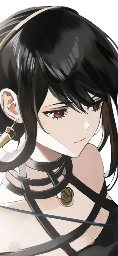 Elegant lady, black hair, wearing a complex black neckline, in painted style