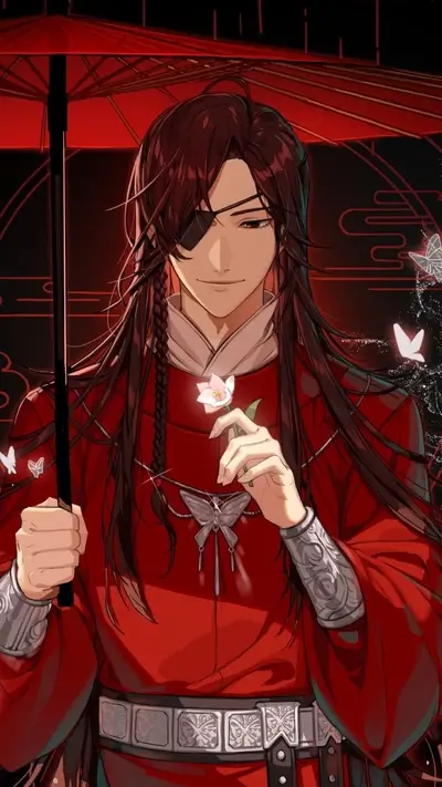 Elegant man in red robes, holding an umbrella