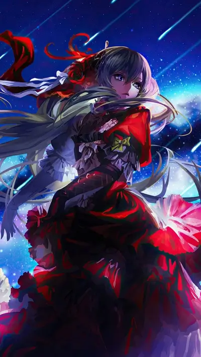 Elegant woman amidst a starry background, adorned in red and black garments