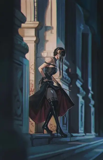 Elegant woman in dark dress, high heels, walking down steps