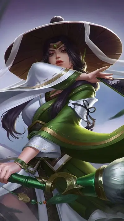 Elegant woman in green and white outfit with traditional hat