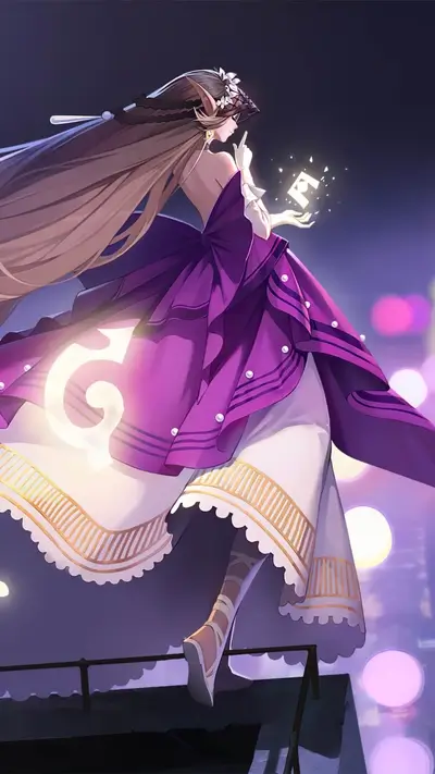 Elegant woman in purple dress, holding glowing object
