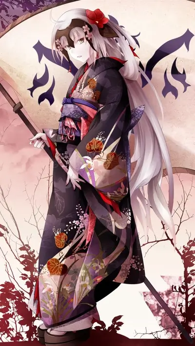Elegant woman in traditional kimono, holding a staff, against ornate backdrop