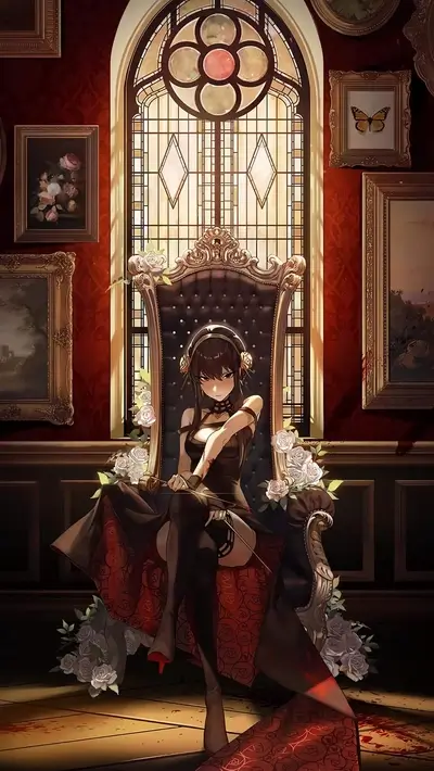 Elegant woman seated in an ornate chair with roses, creating a striking composition