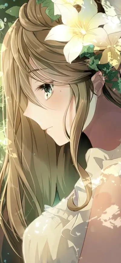 Elegant woman with flowers in her hair, captured in soft, artistic style