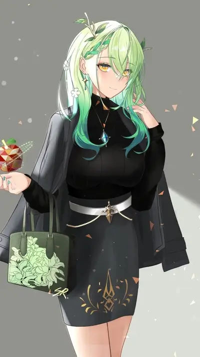 Elegant woman with green hair, holding a gem, posing fashionably.