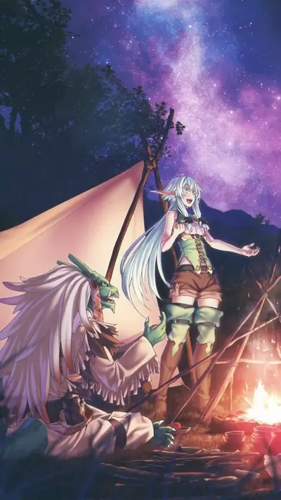 Elf and dragon-like being camping in a mystical forest at night