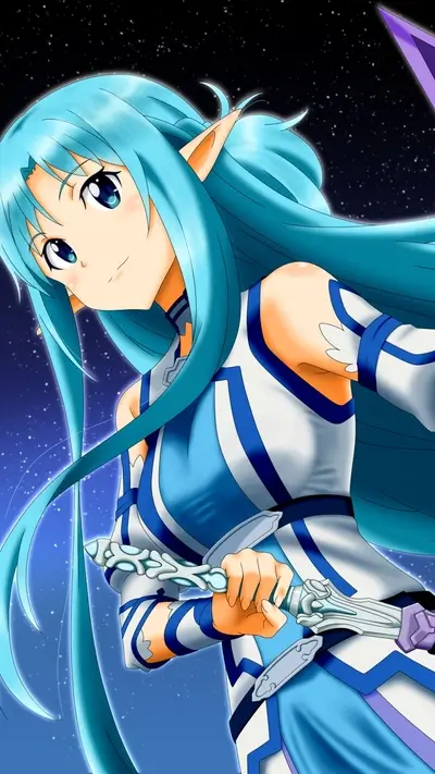 Elf-eared girl wielding sword, against starry night backdrop