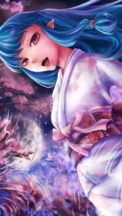 Elf girl in kimono, cherry blossoms