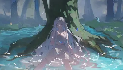 Elf girl sitting by a stream in a mystical forest