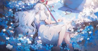 Elf girl sleeping amidst blue flowers