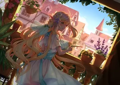 Elf girl watering flowers on a balcony