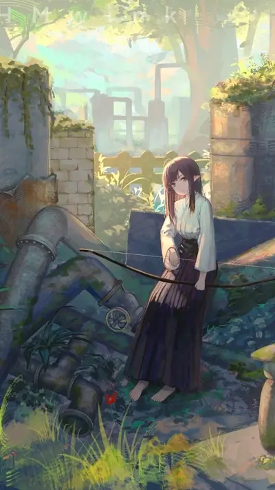 Elf girl with bow and arrow in ruins