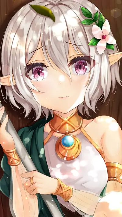 Elf girl with white hair and pink eyes holding a staff
