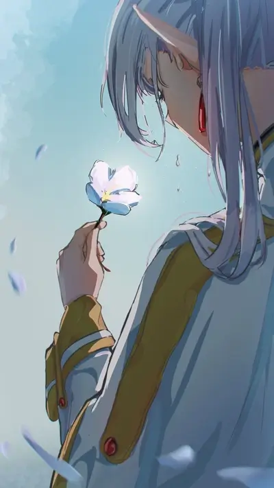 Elven woman is holding a flower, tears on her face