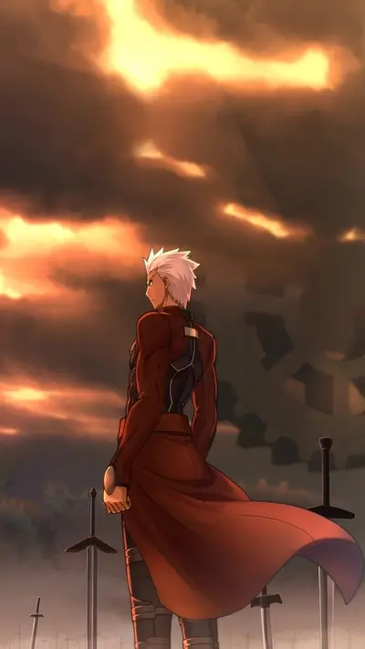 Emiya Archer standing amidst a field of swords, dramatic sky above