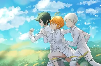 Emma, Ray, and Norman running happily through a grassy field