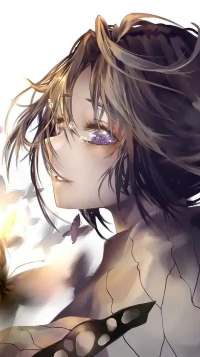 Emotional anime girl with tears, butterflies, broken skin, side view