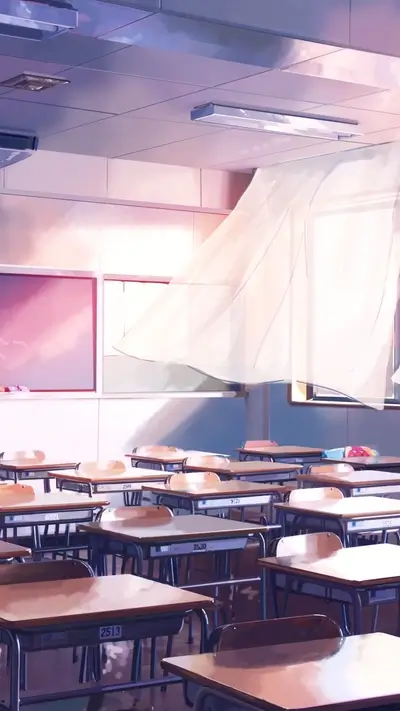 Empty classroom with a sheer curtain blowing in the wind