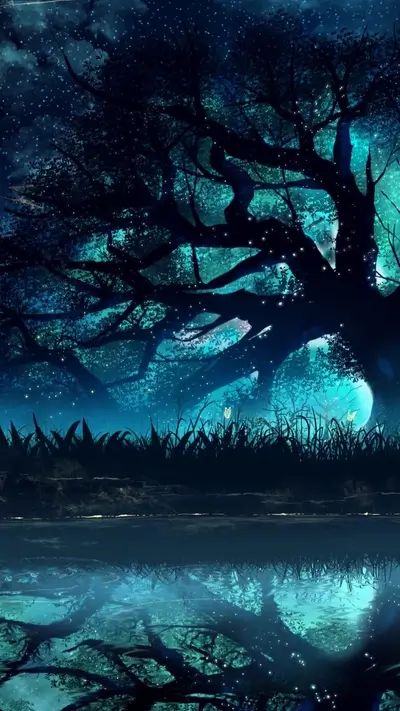 Enchanted forest at night, reflected in still water
